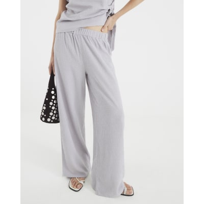 Grey Textured Wide Leg Trousers