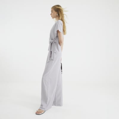 Grey Textured Wide Leg Trousers
