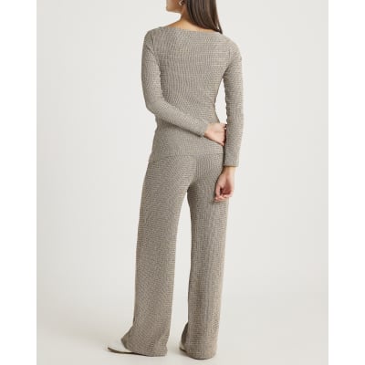 Grey Textured Wide Leg Trousers