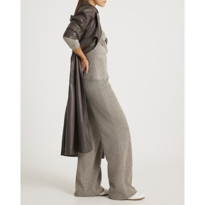 Grey Textured Wide Leg Trousers