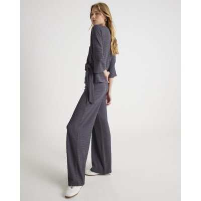 Grey Textured Wide Leg Trousers