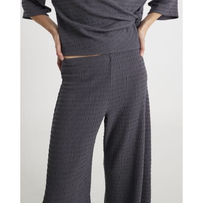 Grey Textured Wide Leg Trousers
