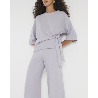 Grey Textured Wide Leg Trousers