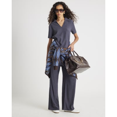 Grey Textured Wide Leg Trousers