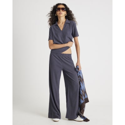 Grey Textured Wide Leg Trousers