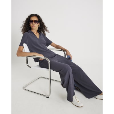 Grey Textured Wide Leg Trousers