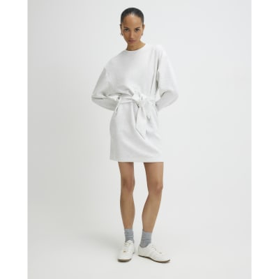 Grey Tie Front Mini Sweatshirt Dress