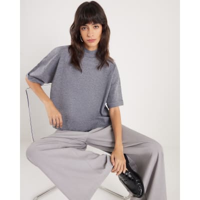 Grey Turn Back Cuff Knitted Top