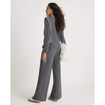 Grey Whipstitch Wide Leg Joggers