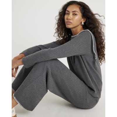 Grey Whipstitch Wide Leg Joggers