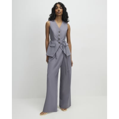 Grey Wrap Detail Wide Leg Trousers