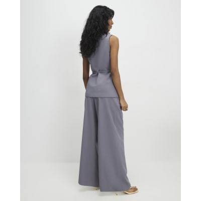Grey Wrap Detail Wide Leg Trousers