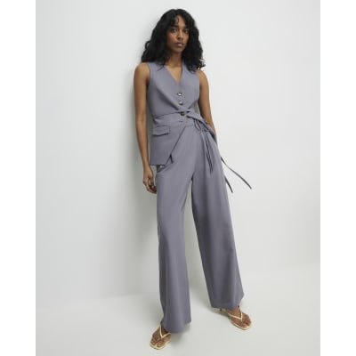 Grey Wrap Detail Wide Leg Trousers