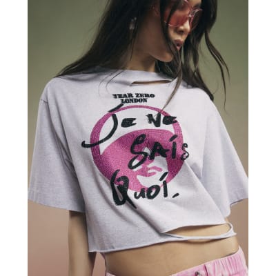 Grey Year Zero Embellished Crop T-Shirt