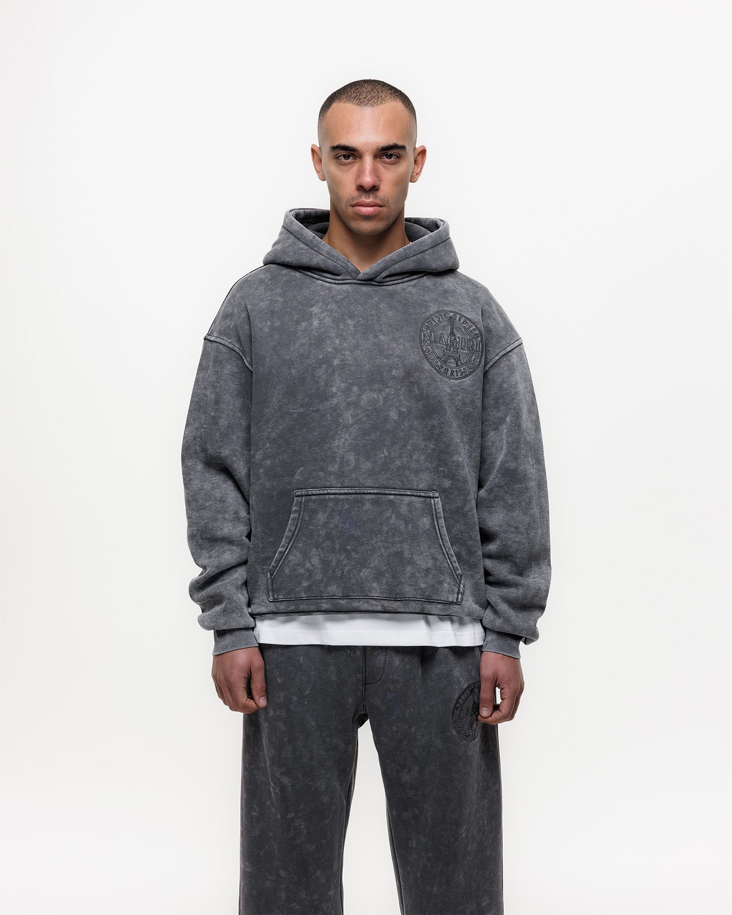 Magiri Embroidered Acid Wash Hoodie & Jogger Tracksuit in Washed Grey