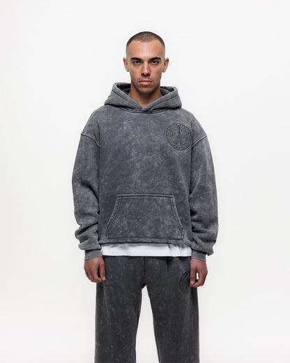 Magiri Embroidered Acid Wash Hoodie & Jogger Tracksuit in Washed Grey