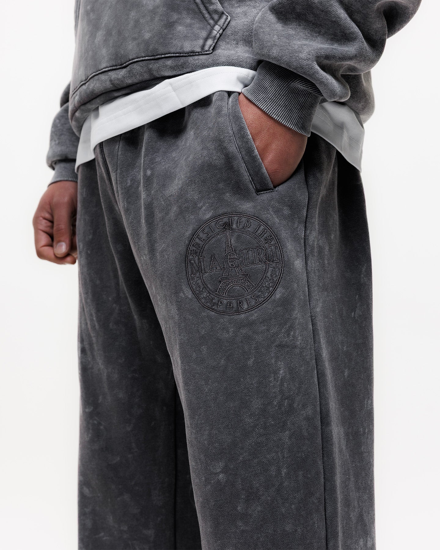 Magiri Embroidered Acid Wash Hoodie & Jogger Tracksuit in Washed Grey