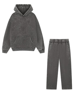 Magiri Embroidered Acid Wash Hoodie & Jogger Tracksuit in Washed Grey