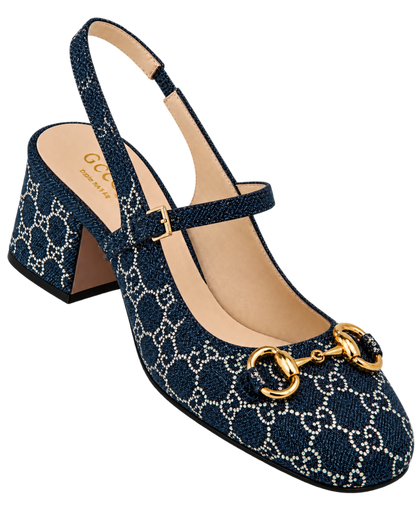 Gucci Horsebit GG Crystal Denim Slingback Pump