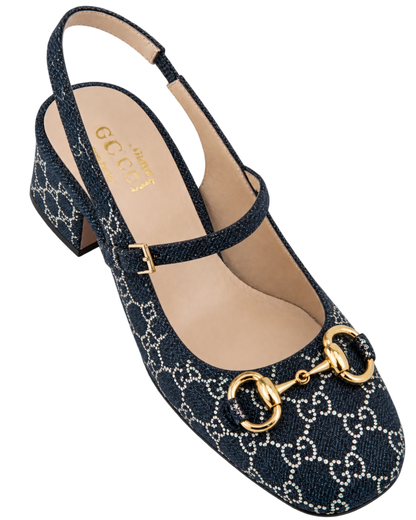 Gucci Horsebit GG Crystal Denim Slingback Pump