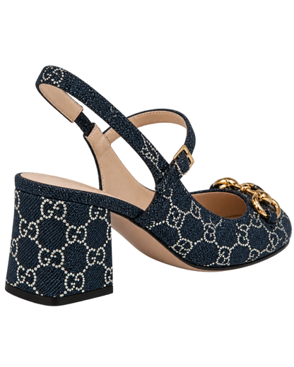 Gucci Horsebit GG Crystal Denim Slingback Pump