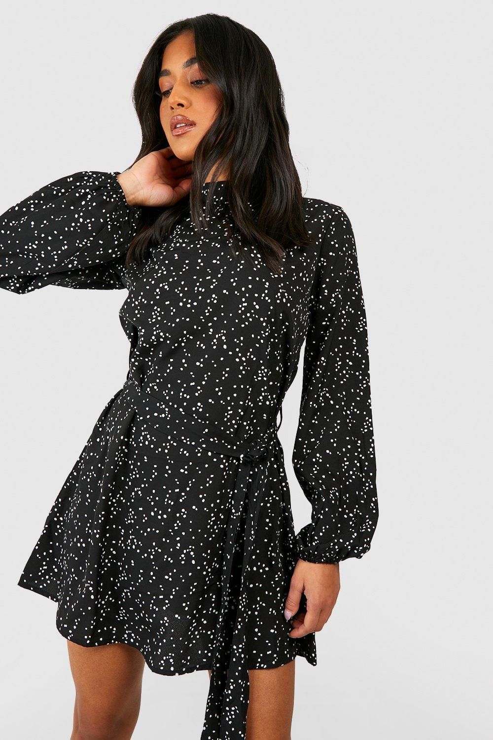 Petite Ditsy Spot Print Belted Skater Dress
