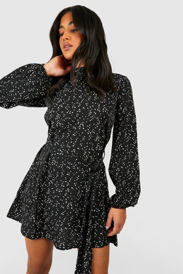 Petite Ditsy Spot Print Belted Skater Dress