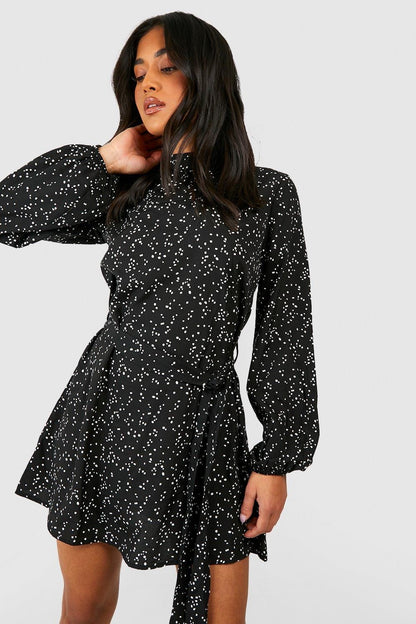 Petite Ditsy Spot Print Belted Skater Dress