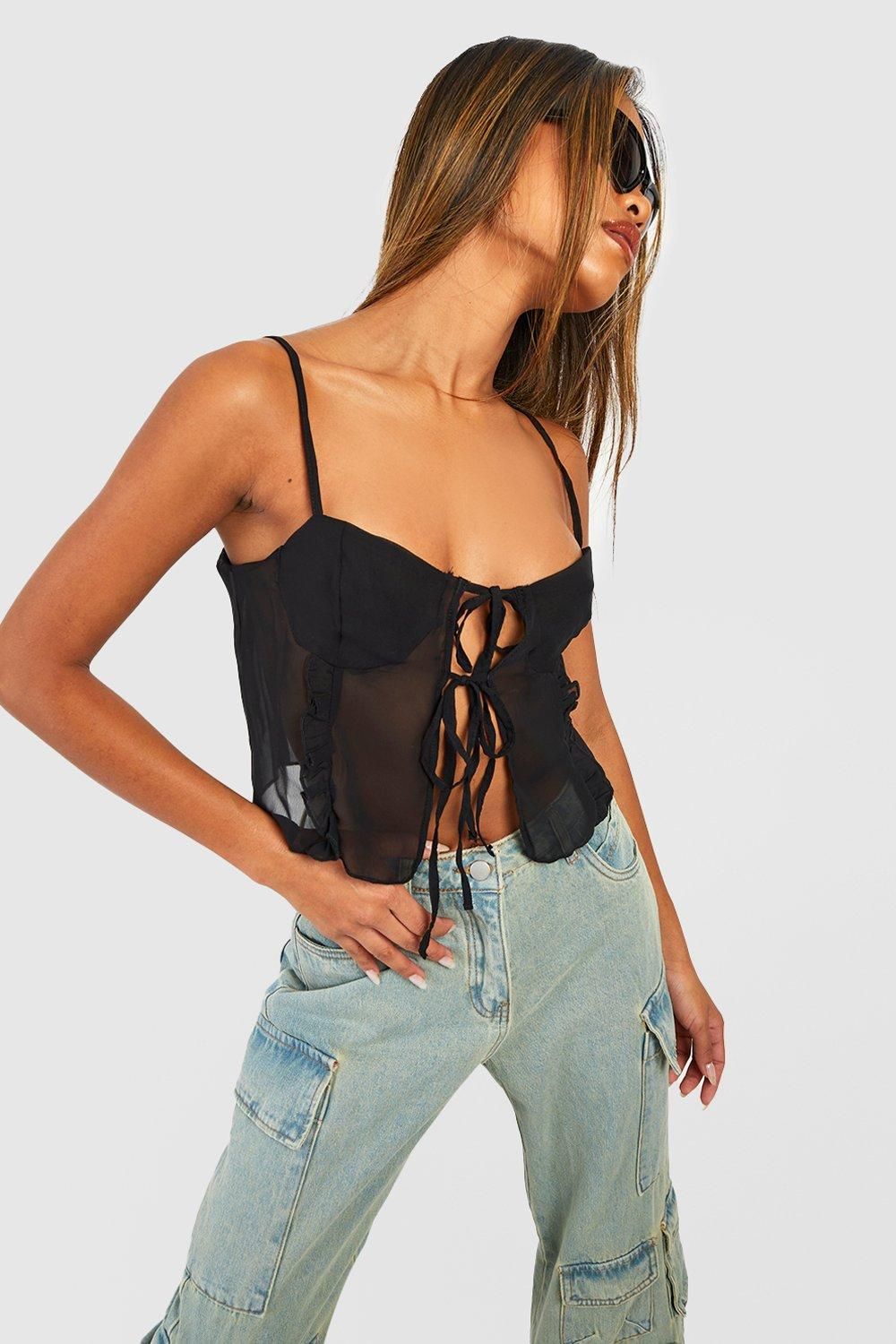 Strappy Lace Trim Tie Detail Cropped Cami Top