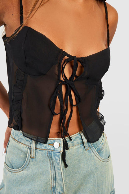 Strappy Lace Trim Tie Detail Cropped Cami Top