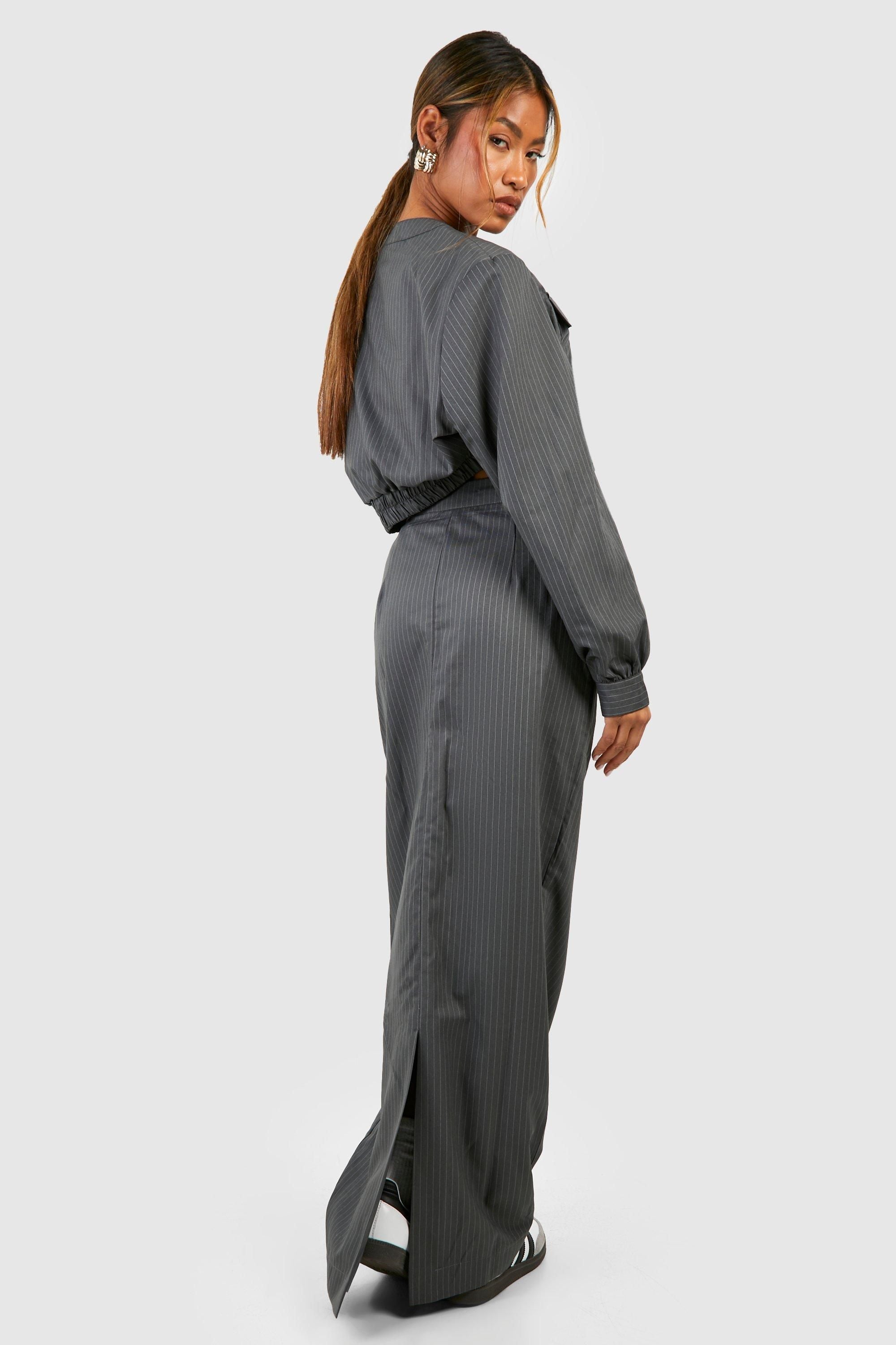 Pinstripe Thigh Split Column Maxi Skirt