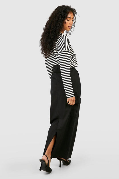 High Waisted Twill Cargo Midaxi Skirt