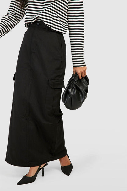 High Waisted Twill Cargo Midaxi Skirt