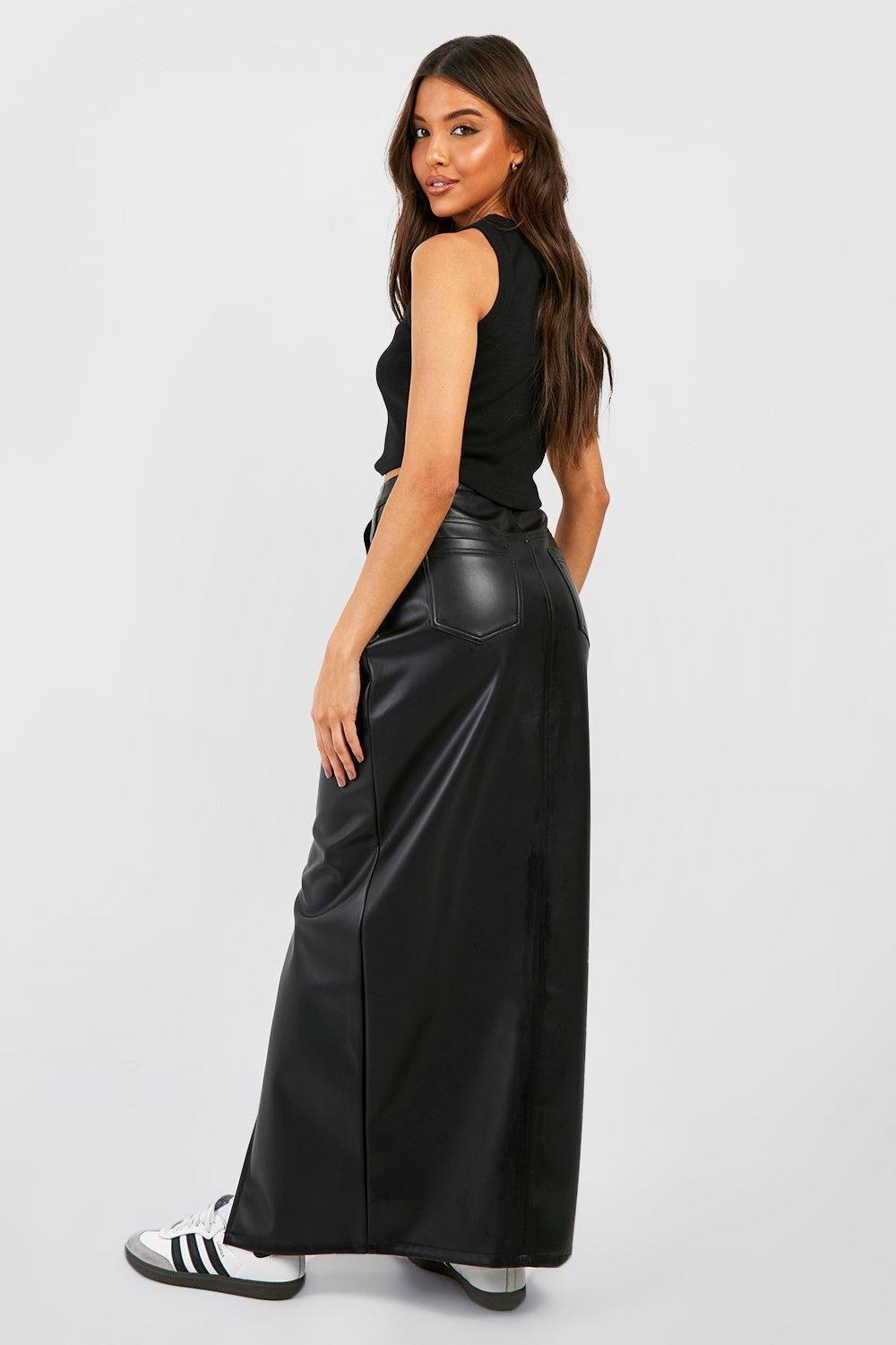 Leather Look High Waisted Split Maxi Skirt