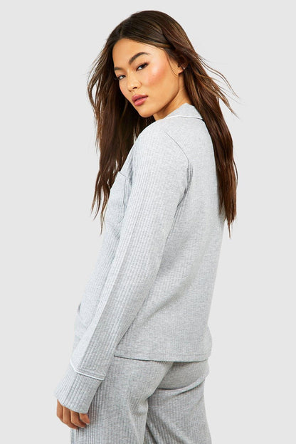 Loungewear Rib Piping Detail Long Sleeve Shirt