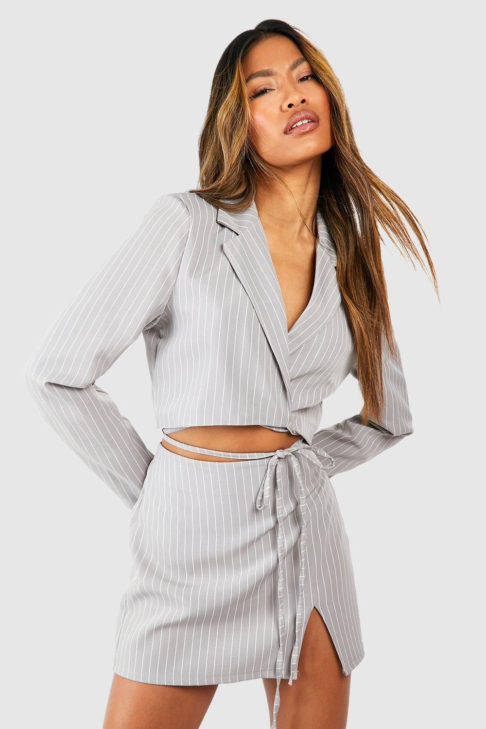 Pinstripe Split Front Micro Mini Skirt