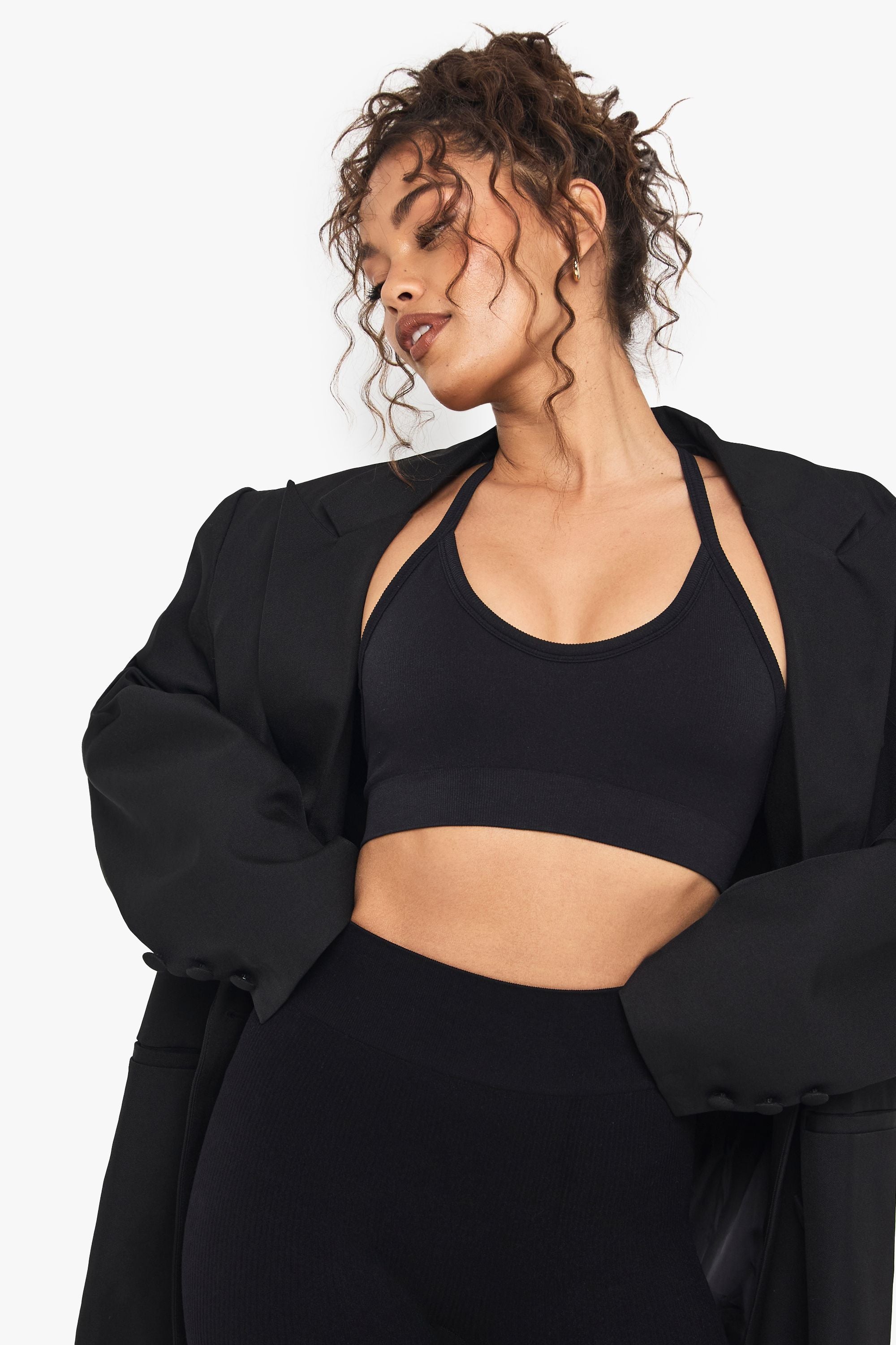 Boohoo Basics Seamless Rib Plunge Cross Back Light Support Sports Bra