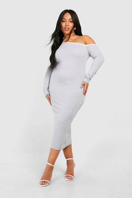 Plus Cotton Elastance Contrast Off Shoulder Midi Dress