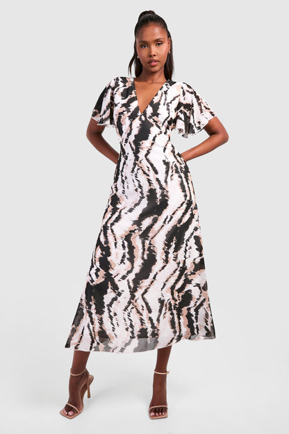 Abstract Chiffon Angel Sleeve Midaxi Dress