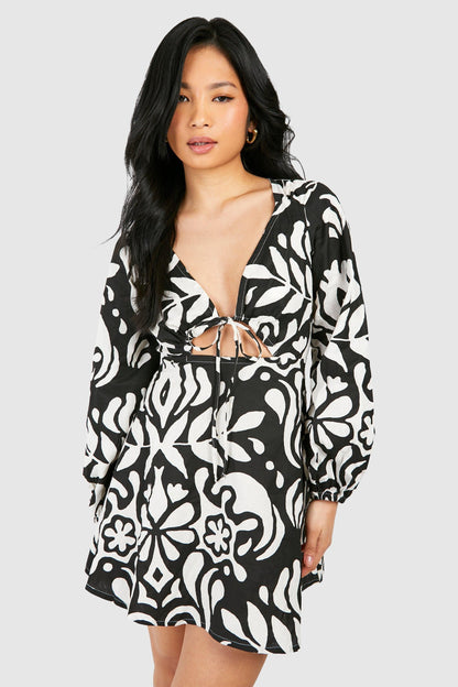 Petite Mono Printed Linen Look Mini Dress