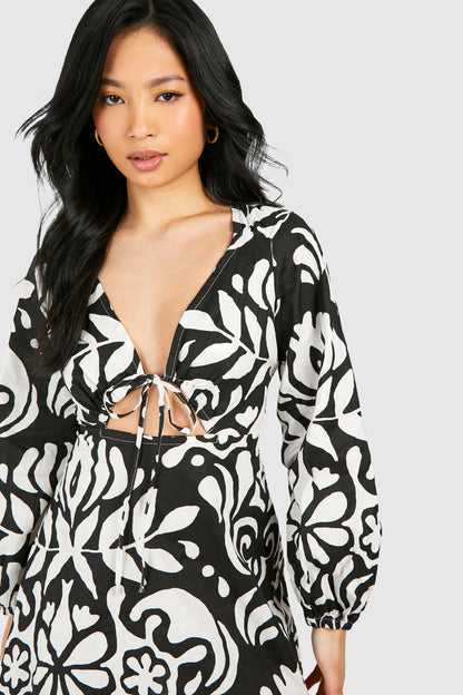 Petite Mono Printed Linen Look Mini Dress