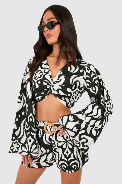 Petite Mono Print Linen Look Belted Short