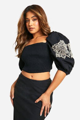 Petite Embroidery Puff Sleeve Crop Top