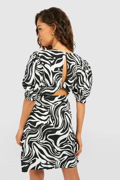 Zebra Puff Sleeve Smock Dress