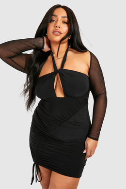 Plus Mesh Sleeve Double Slinky Bodycon Dress