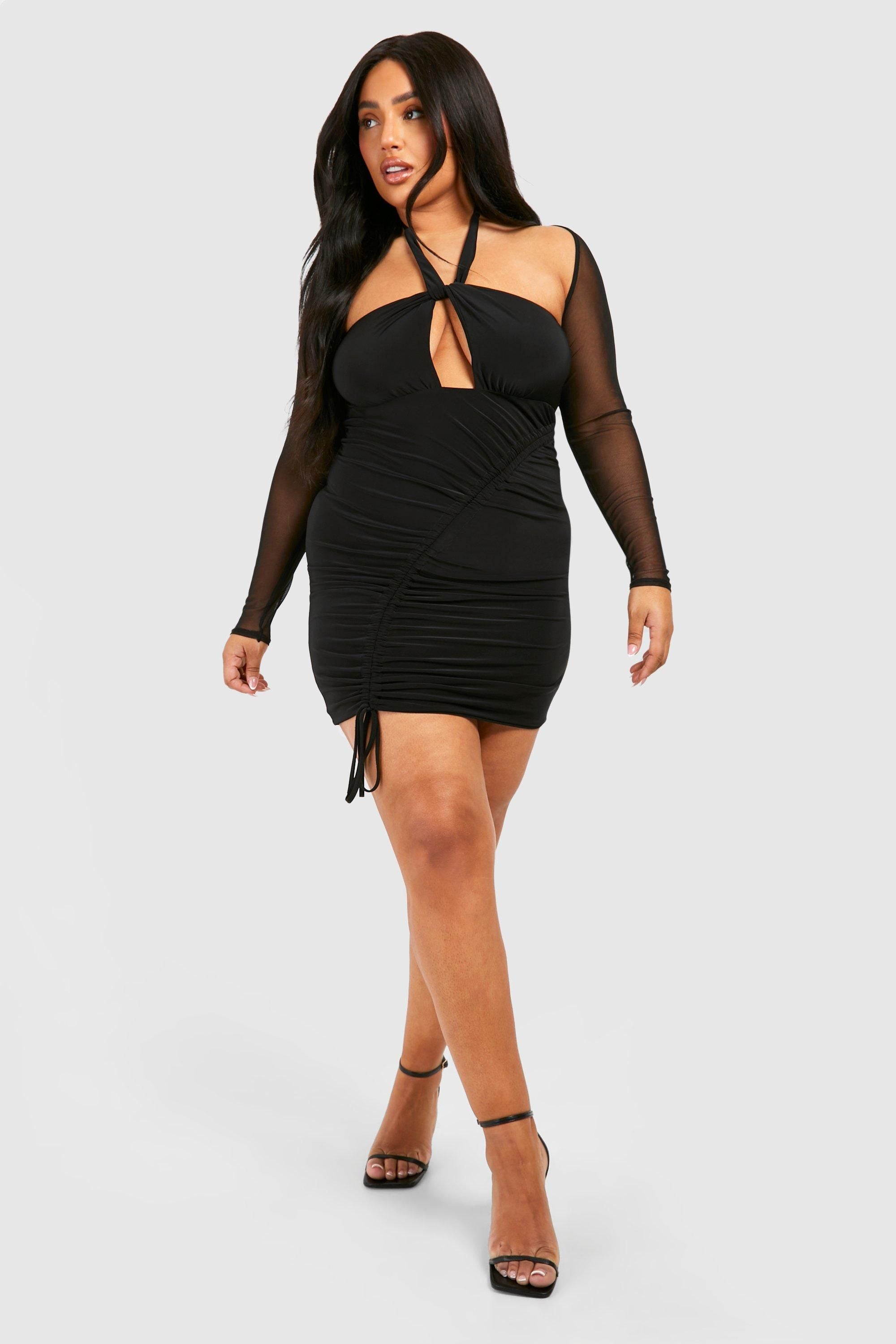 Plus Mesh Sleeve Double Slinky Bodycon Dress