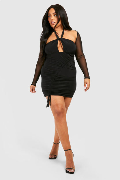 Plus Mesh Sleeve Double Slinky Bodycon Dress