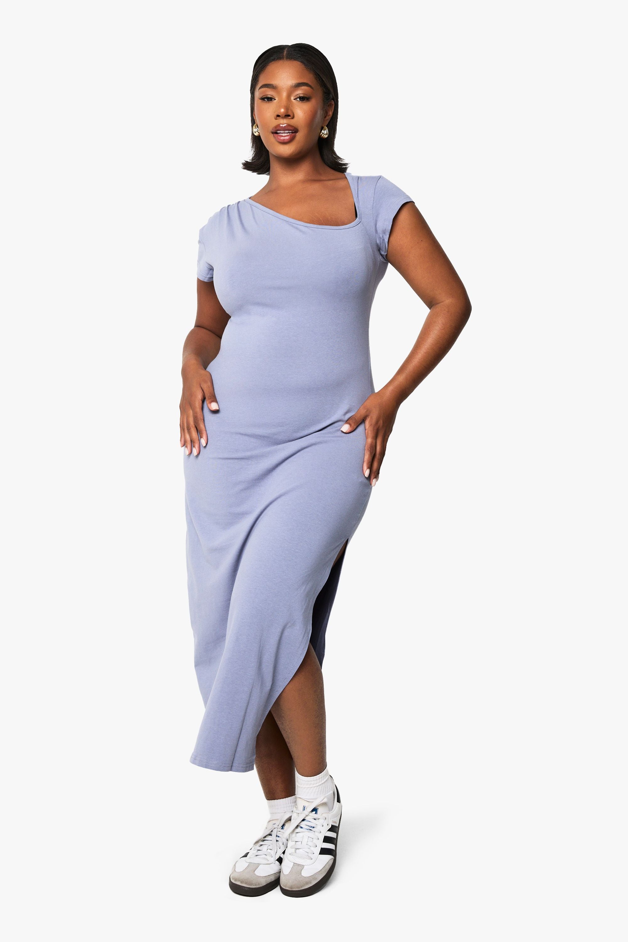 Plus Asymmetric Cap Sleeve Ruched Midaxi Dress