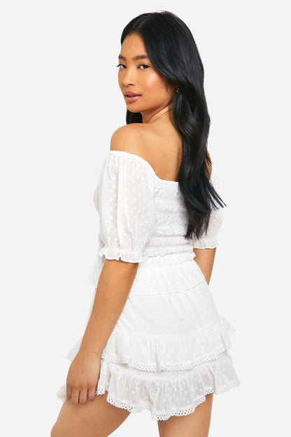 Petite Dobby Shirred Puff Sleeve Crop Top
