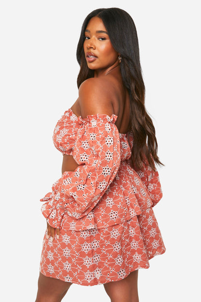 Plus Broderie Tiered Frill Mini Skirt